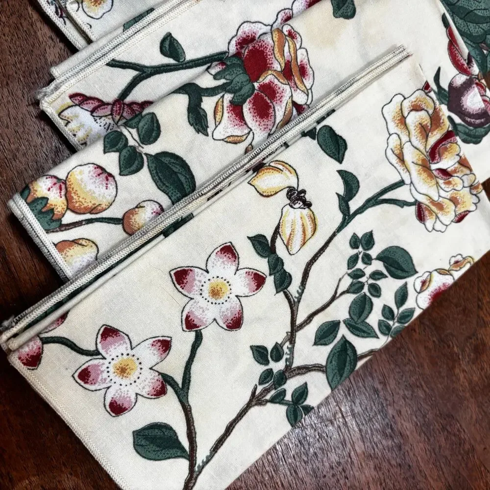 Cloth napkins set of 6 Jacobean style floral print on pale yellow cotton squares